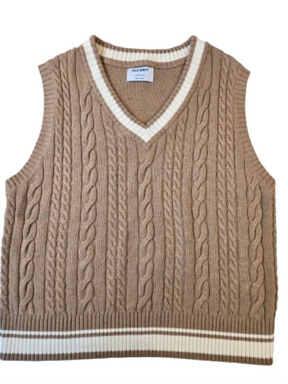 Old Navy Camel Brown Cable Knit Sweater Vest w Cream Varsity Stripe Size Large